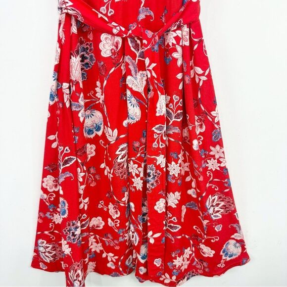 Talbots Red Blue Cream Floral Print V Neck Button Front Sash Waist Dress - Picture 7 of 16